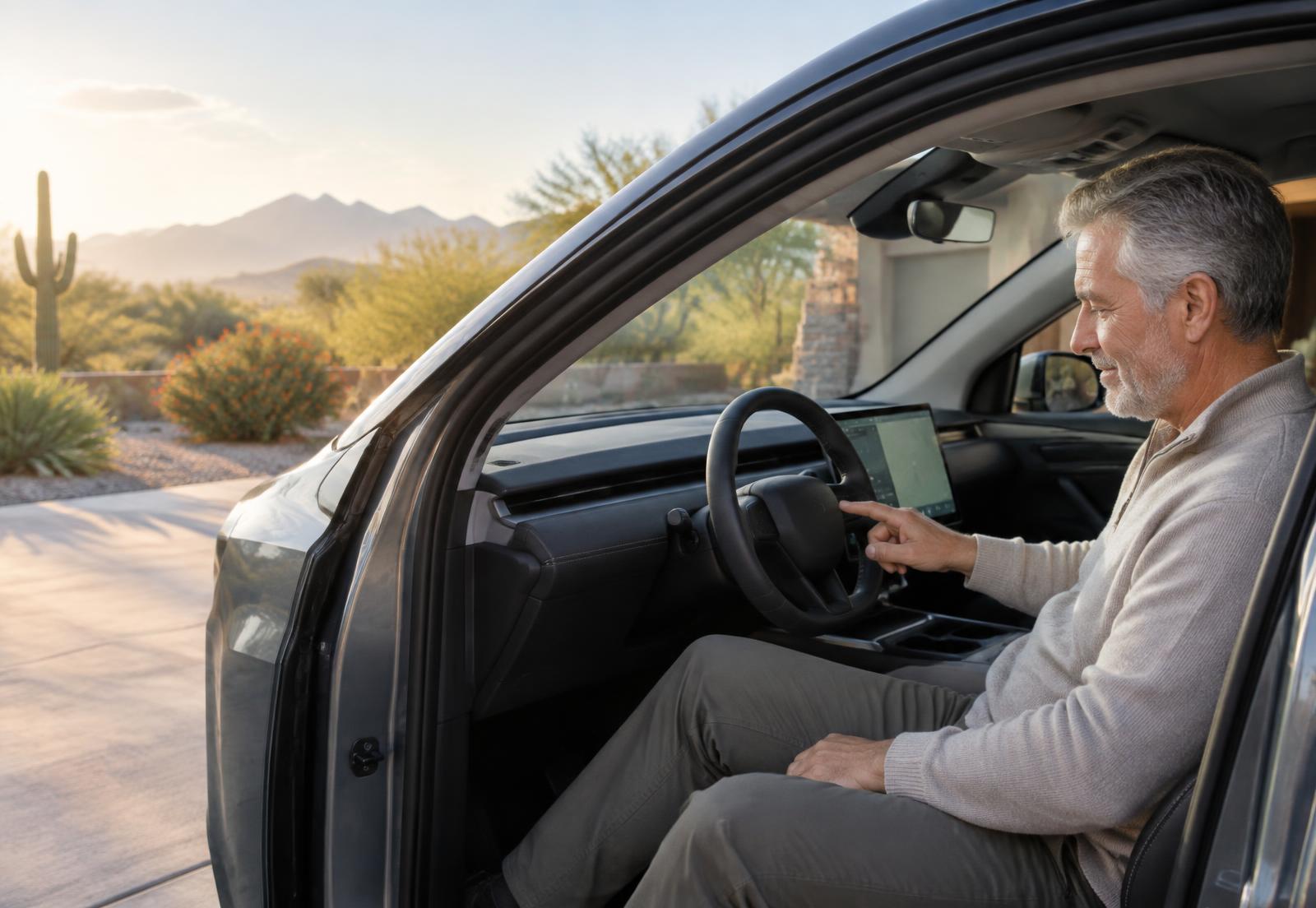 An owner getting familiar with the screen in his car on a quiet Arizona morning